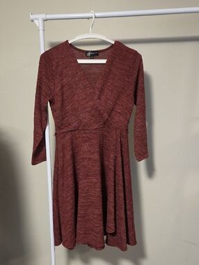 DJ Production Burgandy Heathered V-Neck Long Sleeve Fit & Flare Dress